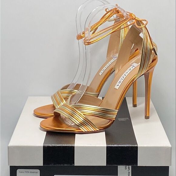 Aquazzura Ari Metallic Leather Ankle-Tie Sandals size 38.5 - Picture 11 of 13